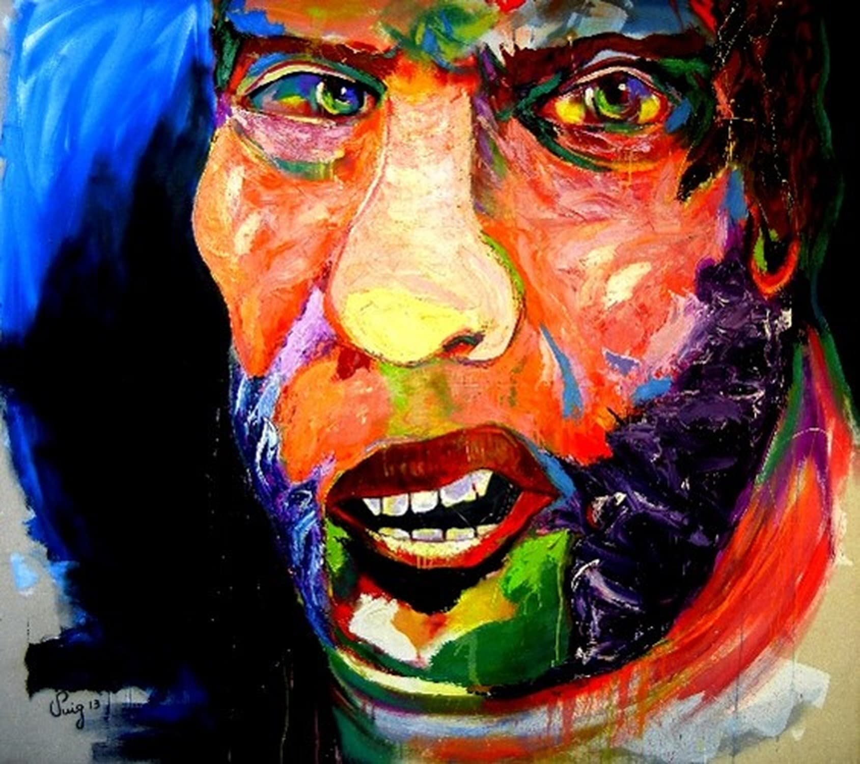 No, las pesadillas no pasan — óleo sobre lienzo, 2013. Rostro fragmentado con boca abierta y mirada de pánico contenido, paleta cobalto, naranjas y violeta. Víctor Alexis Puig López.